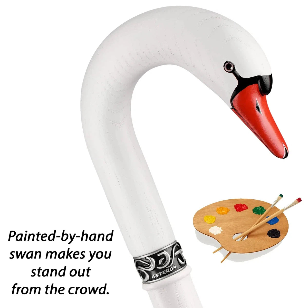 Custom Hand Painted And Hand Carved Solid Oak Swan Cane