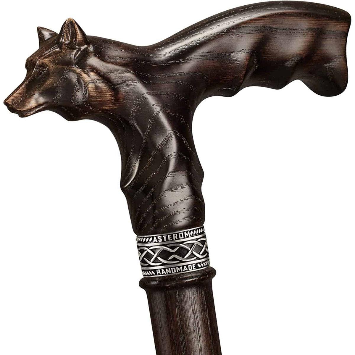 Hand Carved Garmr Wolf or Norse Walking Cane With Finger Grips