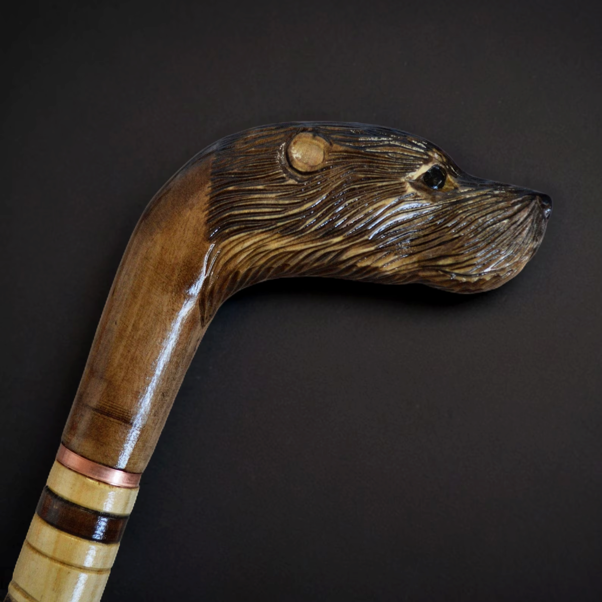 Hand-Carved Otter Head Wooden Walking Stick - Custom Paint and Length