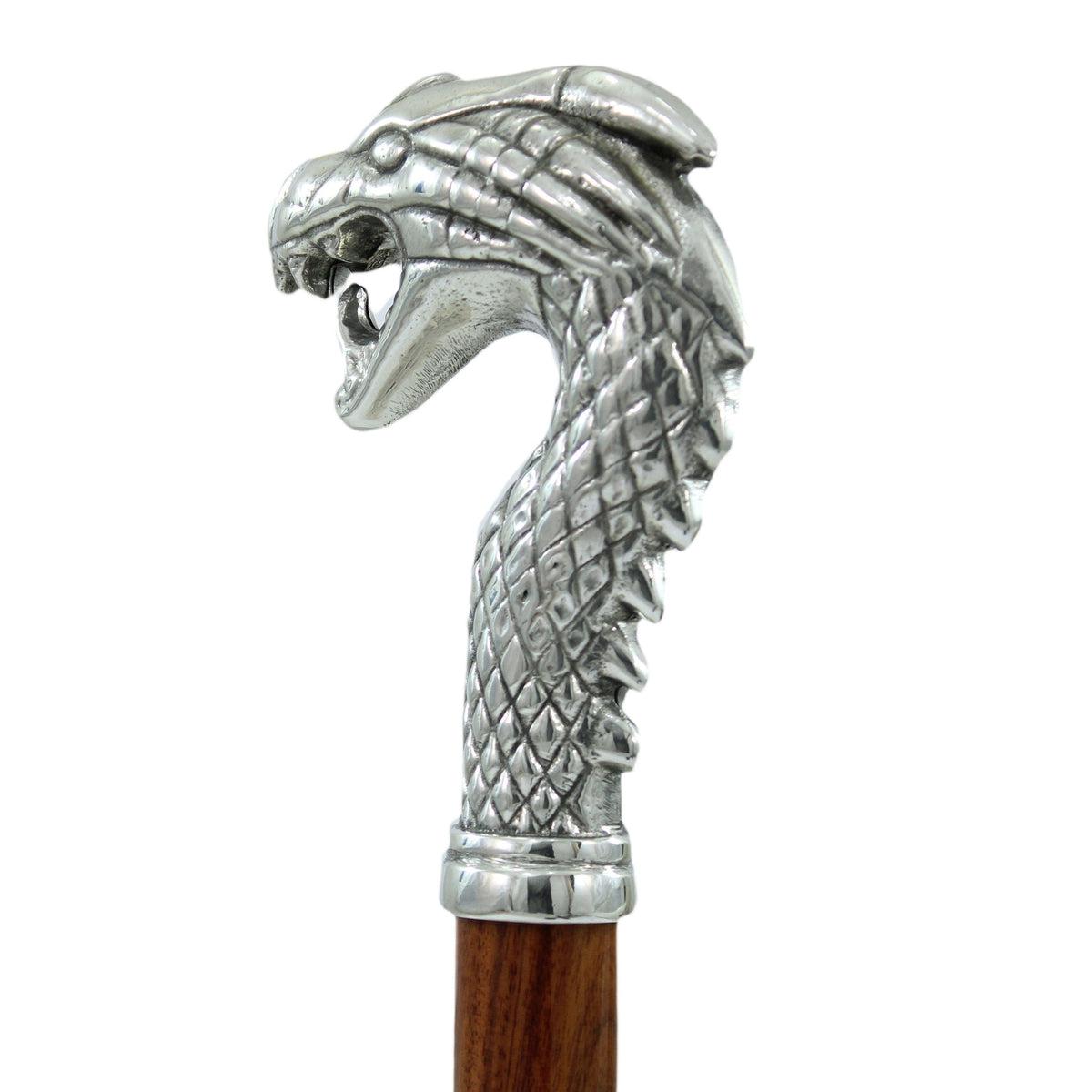 Pewter Dragon Head Wooden Walking Cane - Custom