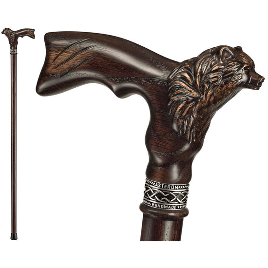 Custom Hand Carved Oak Wooden Bear Head Cane or Walking Stick